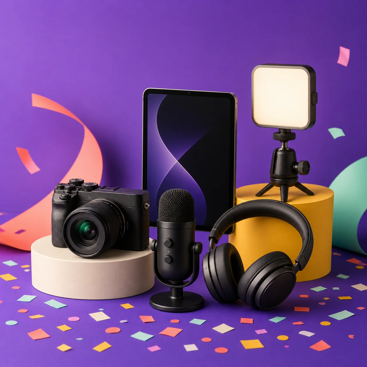 Ensemble créateur avec appareil photo, microphone, casque, tablette et lumière de studio.